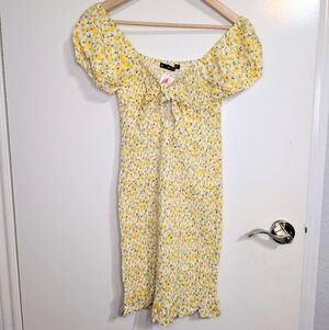 Yellow Floral Smocked Midi Dress Puff Sleeve Tie Front Cottagecore Size M